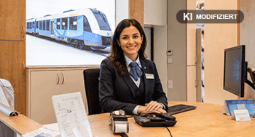 Freundliche Kundenservice-Mitarbeiterin am Schalter der Bentheimer Eisenbahn AG (KI)